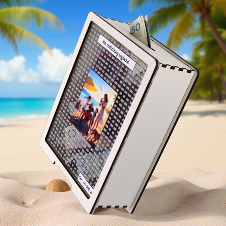 Skarbonka wykreślana przezroczysta - z twoją grafiką, Wakacyjna - Biała