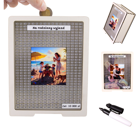 Skarbonka wykreślana przezroczysta - z twoją grafiką, Wakacyjna - Biała