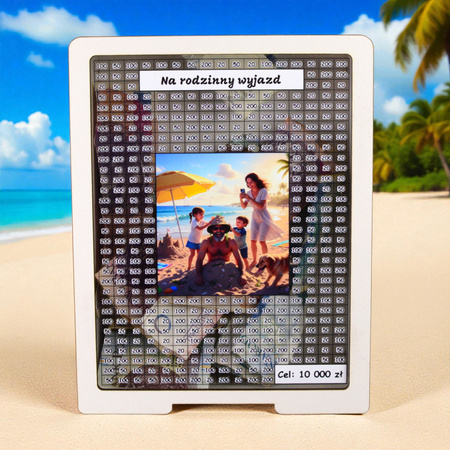 Skarbonka wykreślana przezroczysta - z twoją grafiką, Wakacyjna - Biała