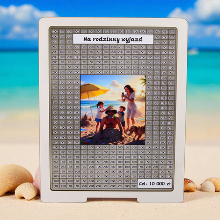 Skarbonka wykreślana przezroczysta - z twoją grafiką, Wakacyjna - Biała