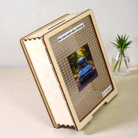 Skarbonka wykreślana przezroczysta - z twoją grafiką, dowolny cel - drewno