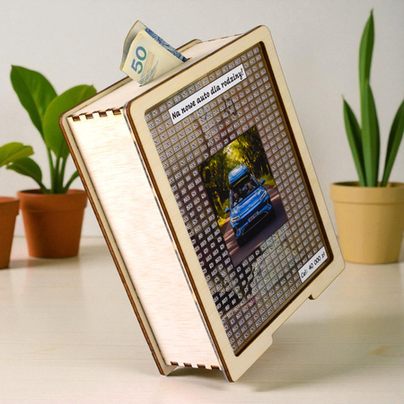 Skarbonka wykreślana przezroczysta - z twoją grafiką, dowolny cel - drewno