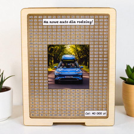 Skarbonka wykreślana przezroczysta - z twoją grafiką, dowolny cel - drewno