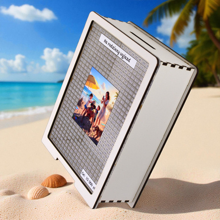 Skarbonka wykreślana przezroczysta - z twoją grafiką, Wakacyjna - Biała