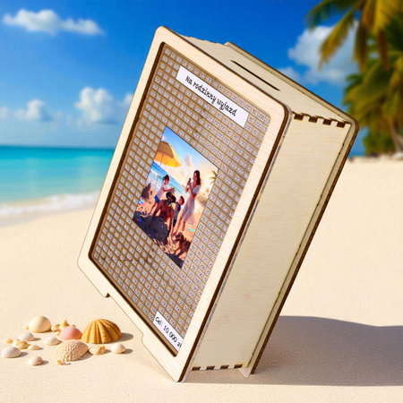 Skarbonka wykreślana przezroczysta - z twoją grafiką, Wakacyjna - drewno