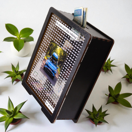 Skarbonka wykreślana przezroczysta - z twoją grafiką, dowolny cel - czarna