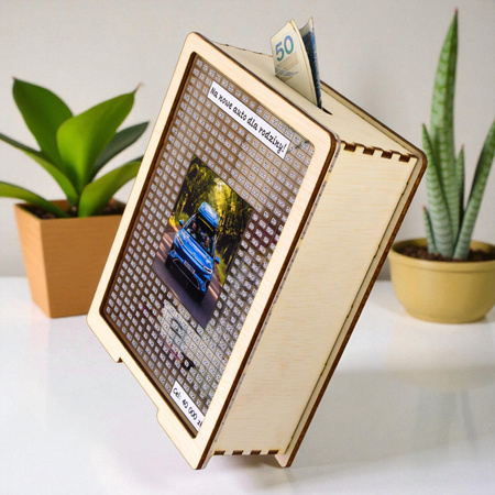 Skarbonka wykreślana przezroczysta - z twoją grafiką, dowolny cel - drewno