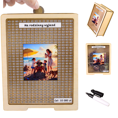 Skarbonka wykreślana przezroczysta - z twoją grafiką, Wakacyjna - drewno