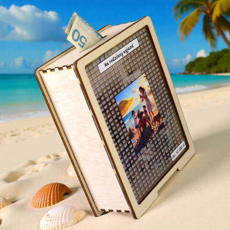 Skarbonka wykreślana przezroczysta - z twoją grafiką, Wakacyjna - drewno