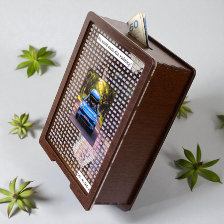 Skarbonka wykreślana przezroczysta - z twoją grafiką, dowolny cel - wenge