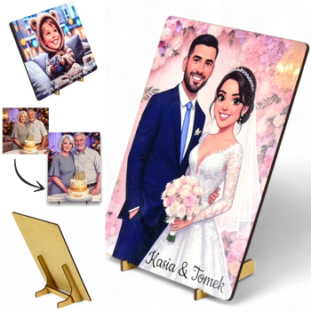 Obrazek na drewnie - Karykatura z twojego zdjęcia - 20x15 cm z podstawką